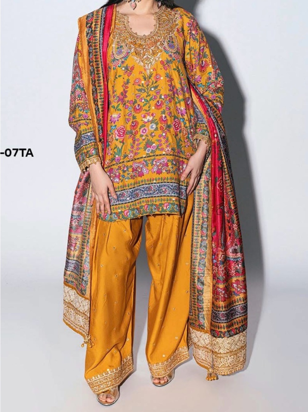 Mustard Floral Wide-Leg Pants & Matching Tunic Set